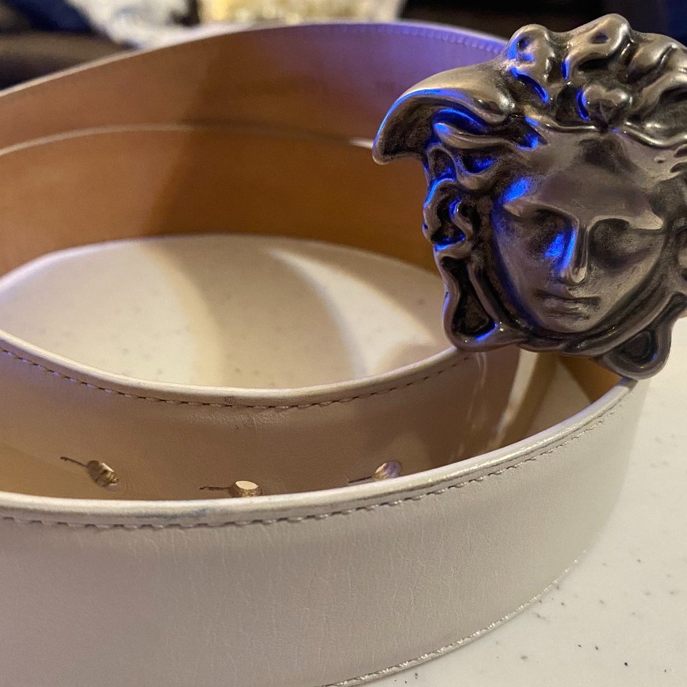 White Versace Belt Grey Medusa Buckle Size
